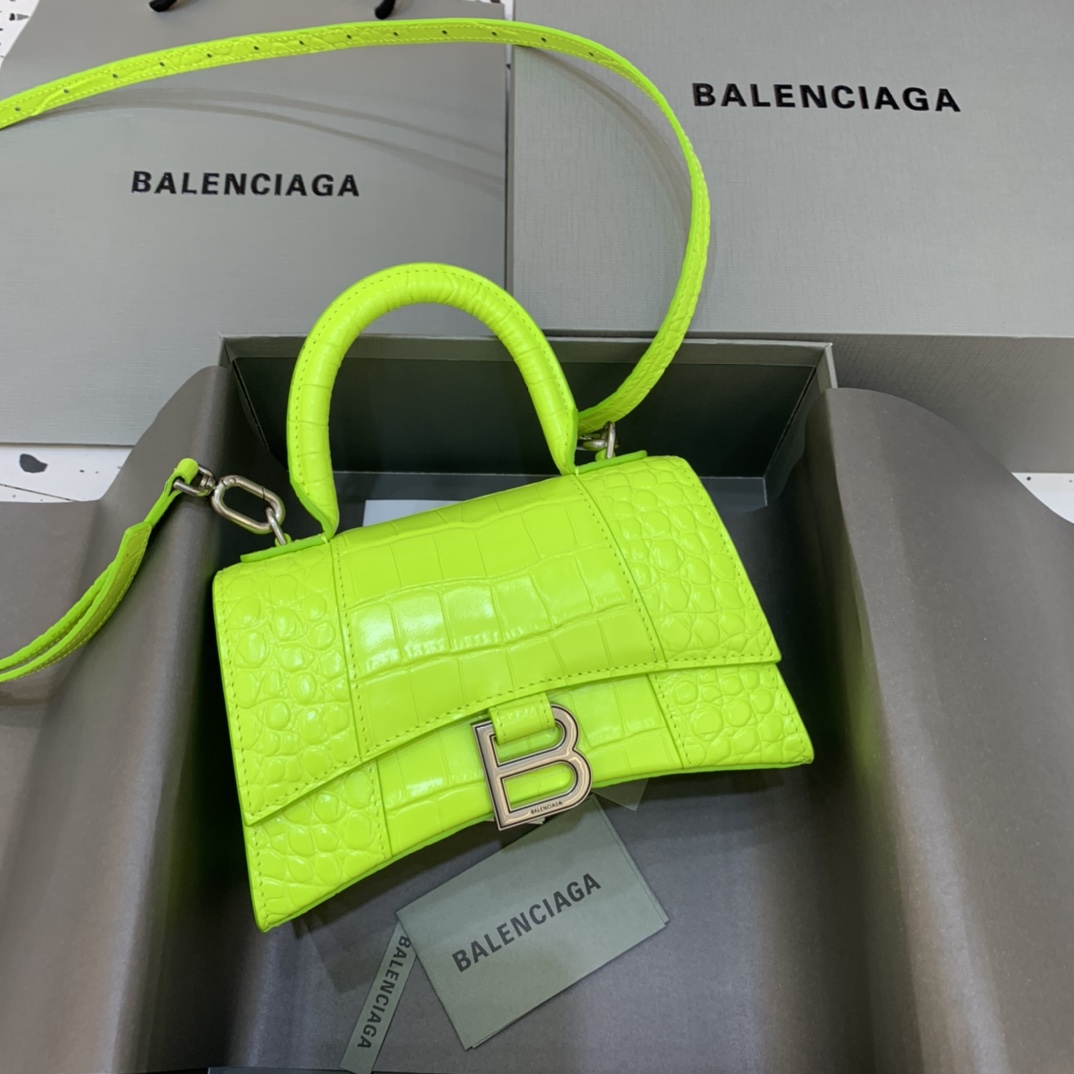 Balenciaga Hourglass XS Handbag Crocodile Embossed Shoulder Bag Lemon Yellow